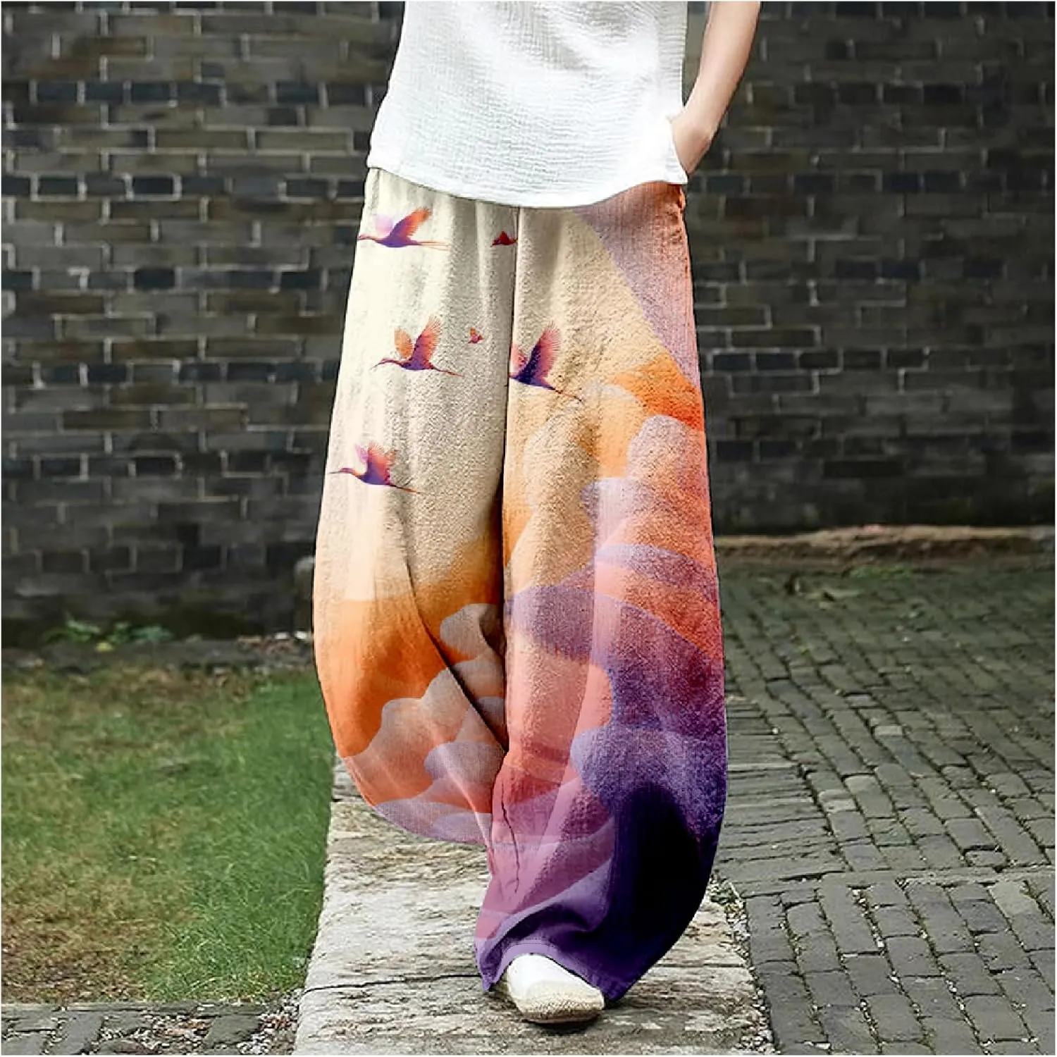 MARSVOVO Baggy Sweatpants for Women Wide Leg Harem Pants Woman Landscape Ink Painting Print Casual Culottes with Pockets
