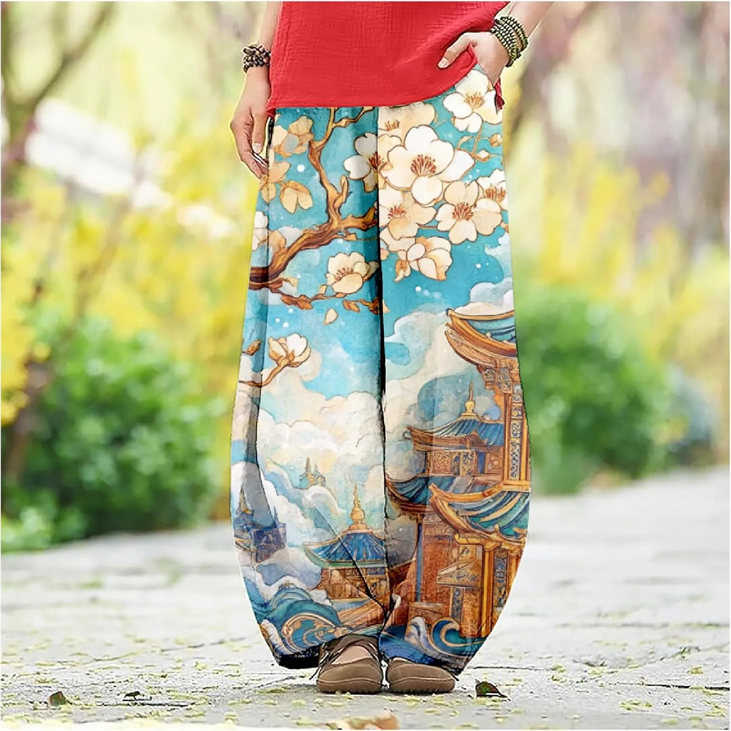 MARSVOVO Baggy Sweatpants for Women Wide Leg Harem Pants Woman Landscape Ink Painting Print Casual Culottes with Pockets