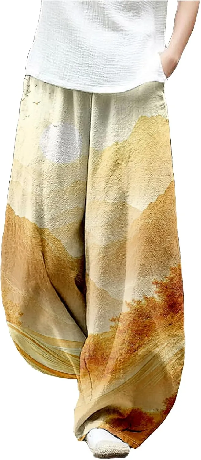 MARSVOVO Baggy Sweatpants for Women Wide Leg Harem Pants Woman Landscape Ink Painting Print Casual Culottes with Pockets