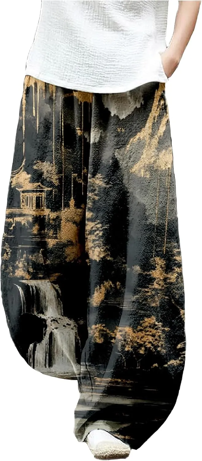 MARSVOVO Baggy Sweatpants for Women Wide Leg Harem Pants Woman Landscape Ink Painting Print Casual Culottes with Pockets