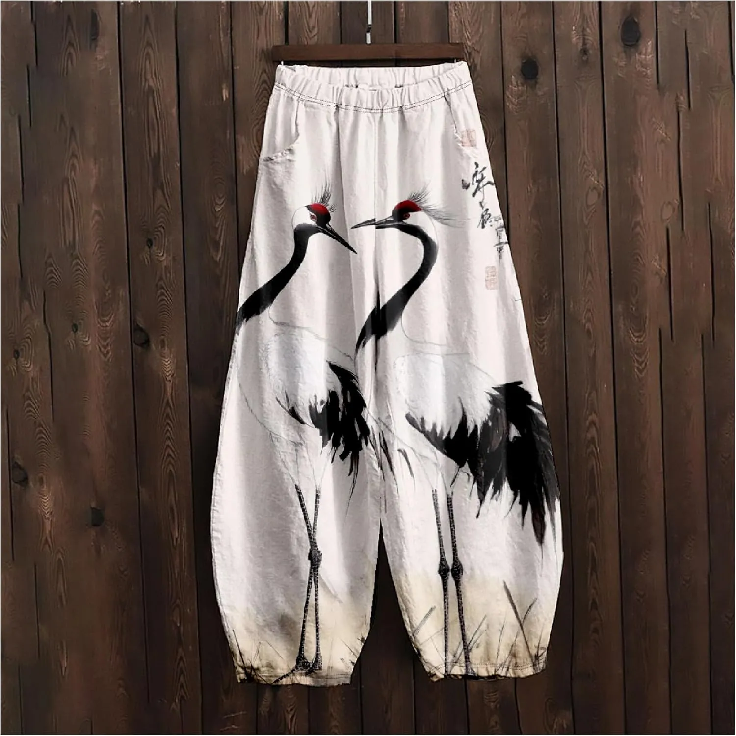 MARSVOVO Baggy Sweatpants for Women Wide Leg Harem Pants Woman Landscape Ink Painting Print Casual Culottes with Pockets