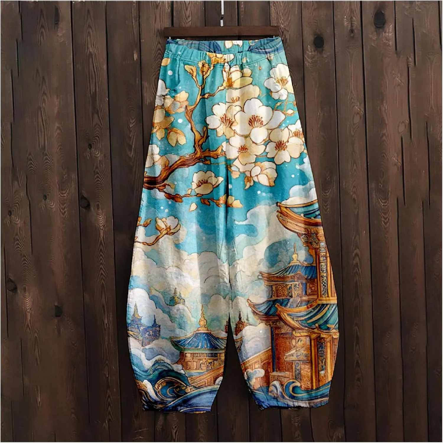 MARSVOVO Baggy Sweatpants for Women Wide Leg Harem Pants Woman Landscape Ink Painting Print Casual Culottes with Pockets
