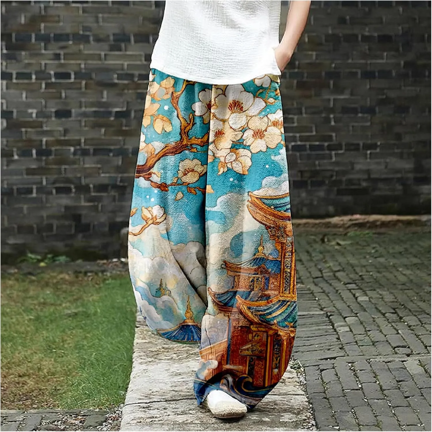 MARSVOVO Baggy Sweatpants for Women Wide Leg Harem Pants Woman Landscape Ink Painting Print Casual Culottes with Pockets