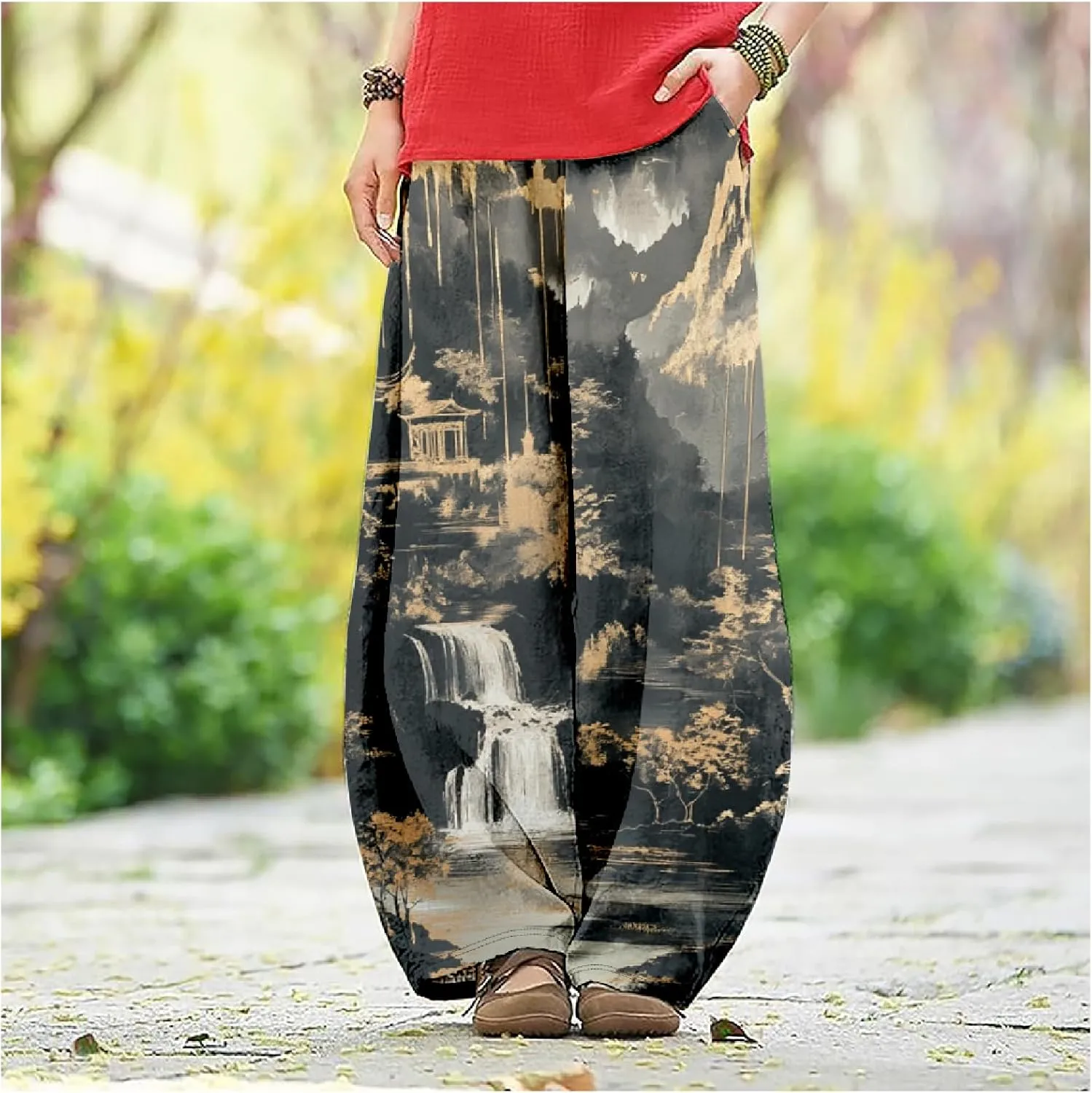 MARSVOVO Baggy Sweatpants for Women Wide Leg Harem Pants Woman Landscape Ink Painting Print Casual Culottes with Pockets