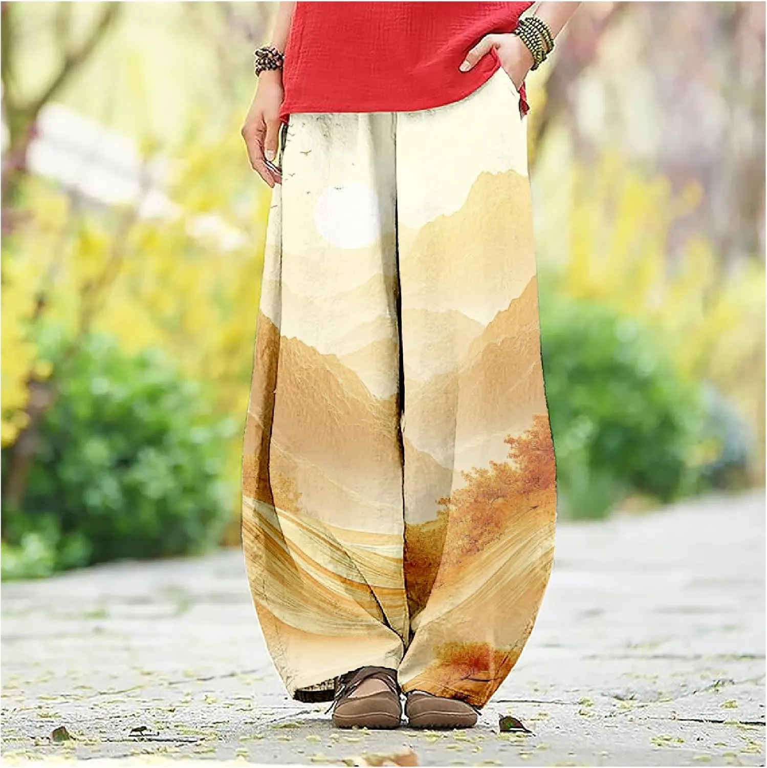 MARSVOVO Baggy Sweatpants for Women Wide Leg Harem Pants Woman Landscape Ink Painting Print Casual Culottes with Pockets