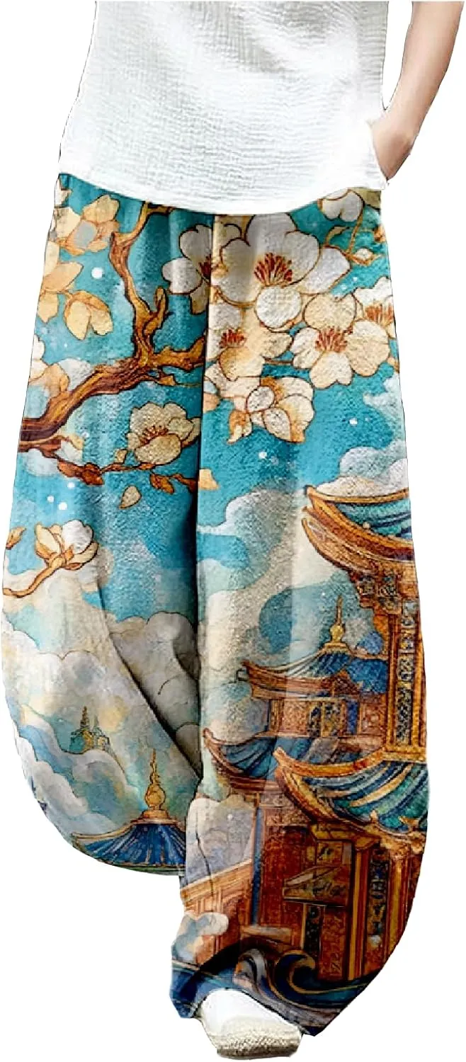 MARSVOVO Baggy Sweatpants for Women Wide Leg Harem Pants Woman Landscape Ink Painting Print Casual Culottes with Pockets
