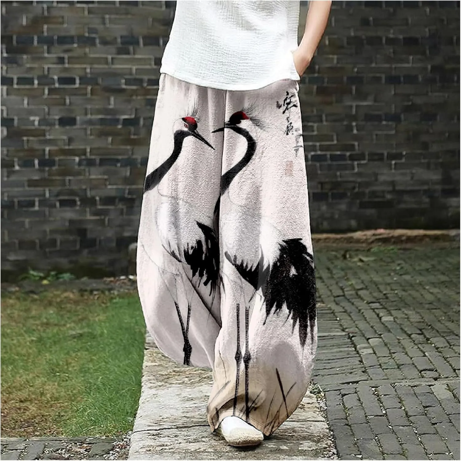 MARSVOVO Baggy Sweatpants for Women Wide Leg Harem Pants Woman Landscape Ink Painting Print Casual Culottes with Pockets