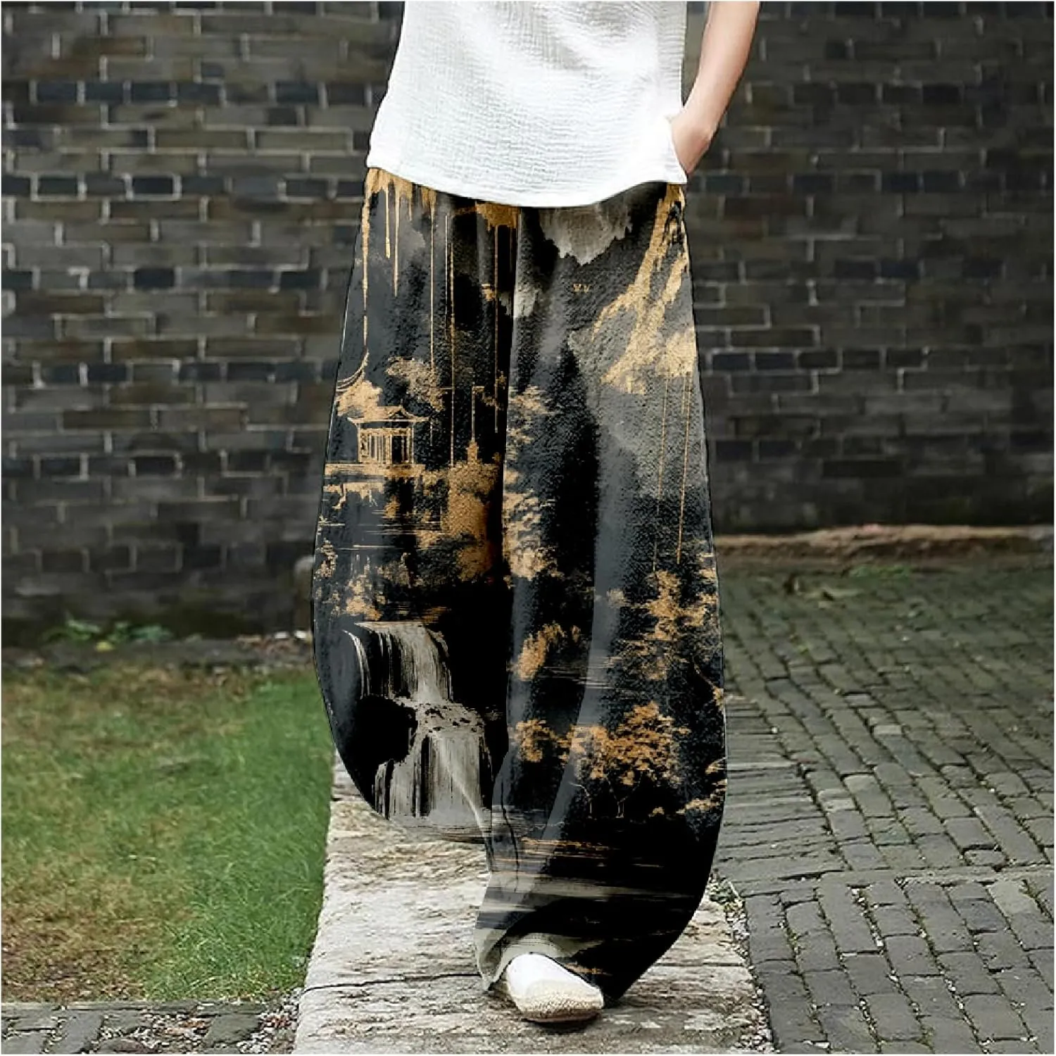 MARSVOVO Baggy Sweatpants for Women Wide Leg Harem Pants Woman Landscape Ink Painting Print Casual Culottes with Pockets