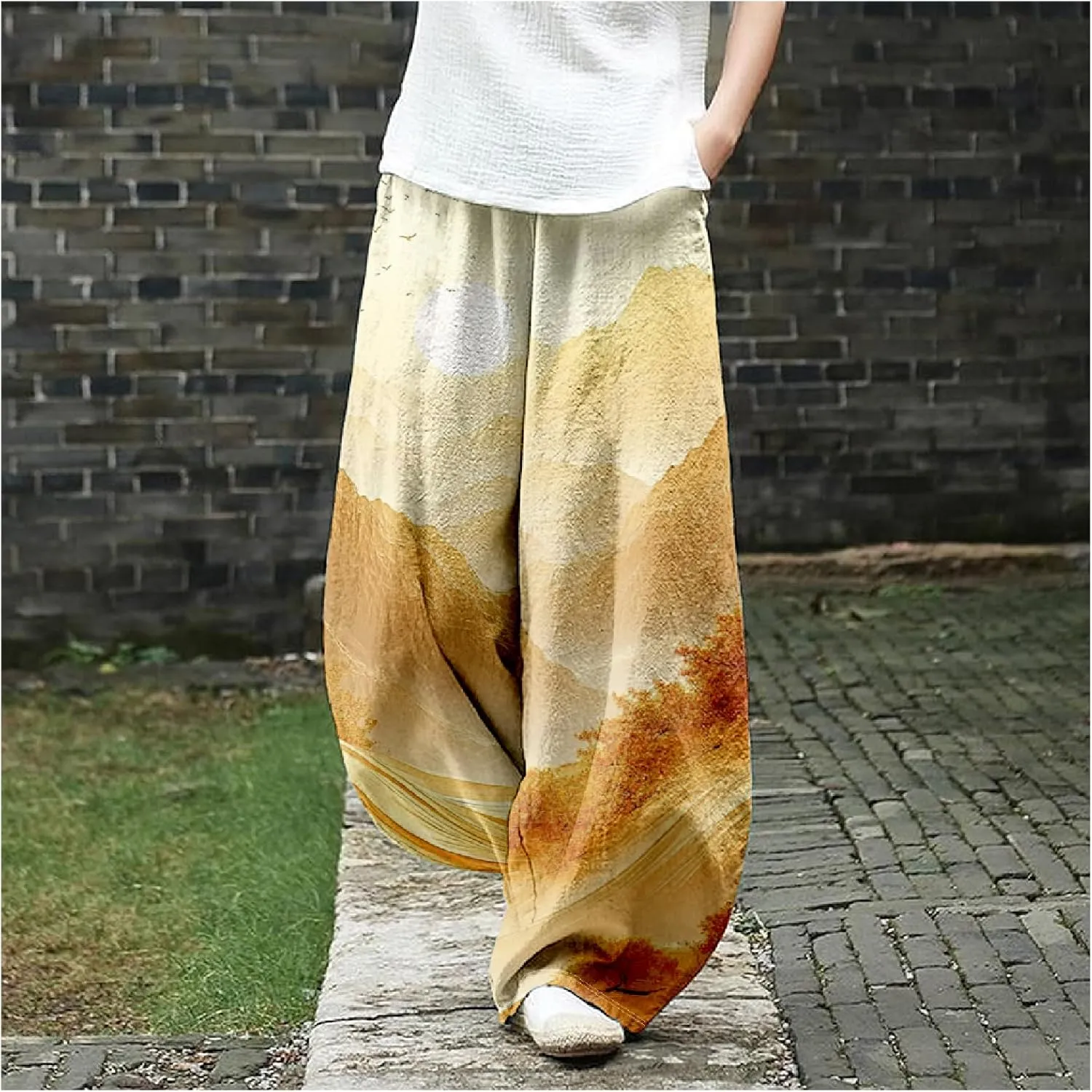 MARSVOVO Baggy Sweatpants for Women Wide Leg Harem Pants Woman Landscape Ink Painting Print Casual Culottes with Pockets