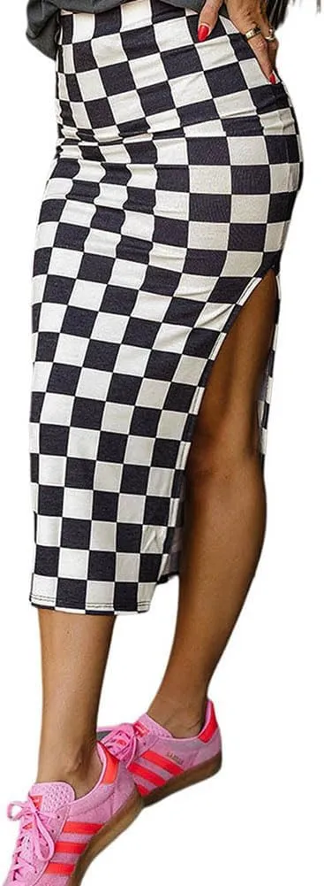Melliflo Plaid Skirts for Women Elegant High Waisted Side Slit Pencil Skirt Y2k Checkered Print Bodycon Skirts 2025