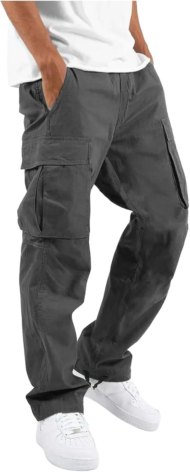 Men Pants Cotton Elastic Waist Drawstring Hiking Cargo Pants for Men Relaxed Fit Outdoor Comfort Trousers with Multi Pockets