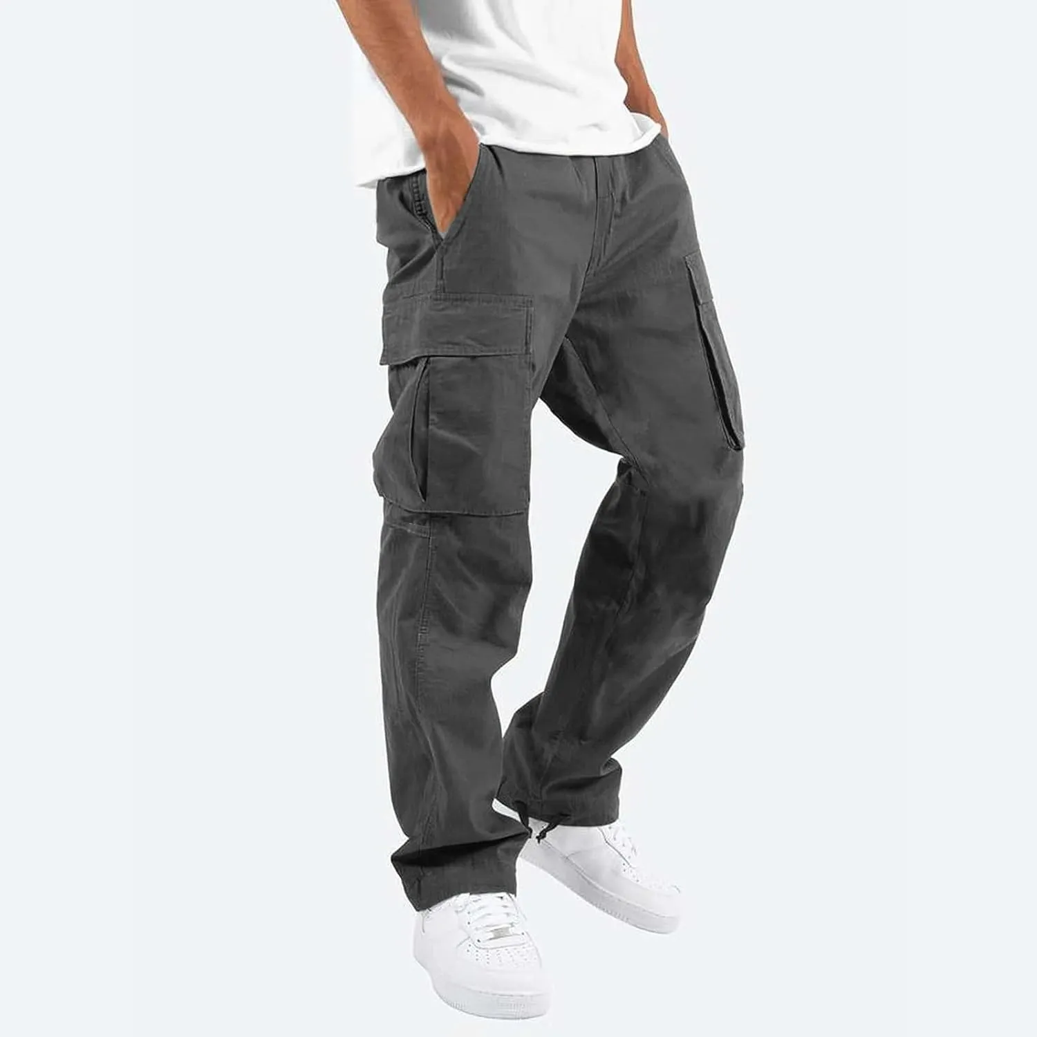 Men Pants Cotton Elastic Waist Drawstring Hiking Cargo Pants for Men Relaxed Fit Outdoor Comfort Trousers with Multi Pockets