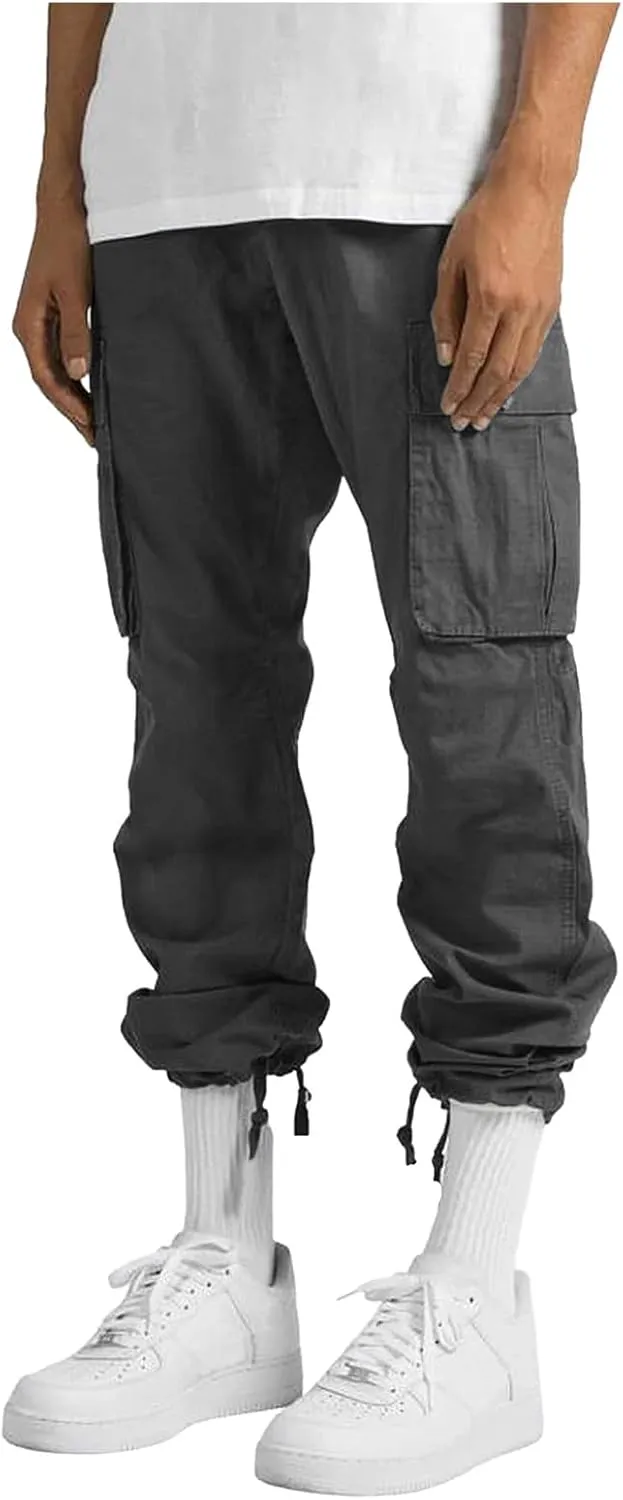 Men Pants Cotton Elastic Waist Drawstring Hiking Cargo Pants for Men Relaxed Fit Outdoor Comfort Trousers with Multi Pockets