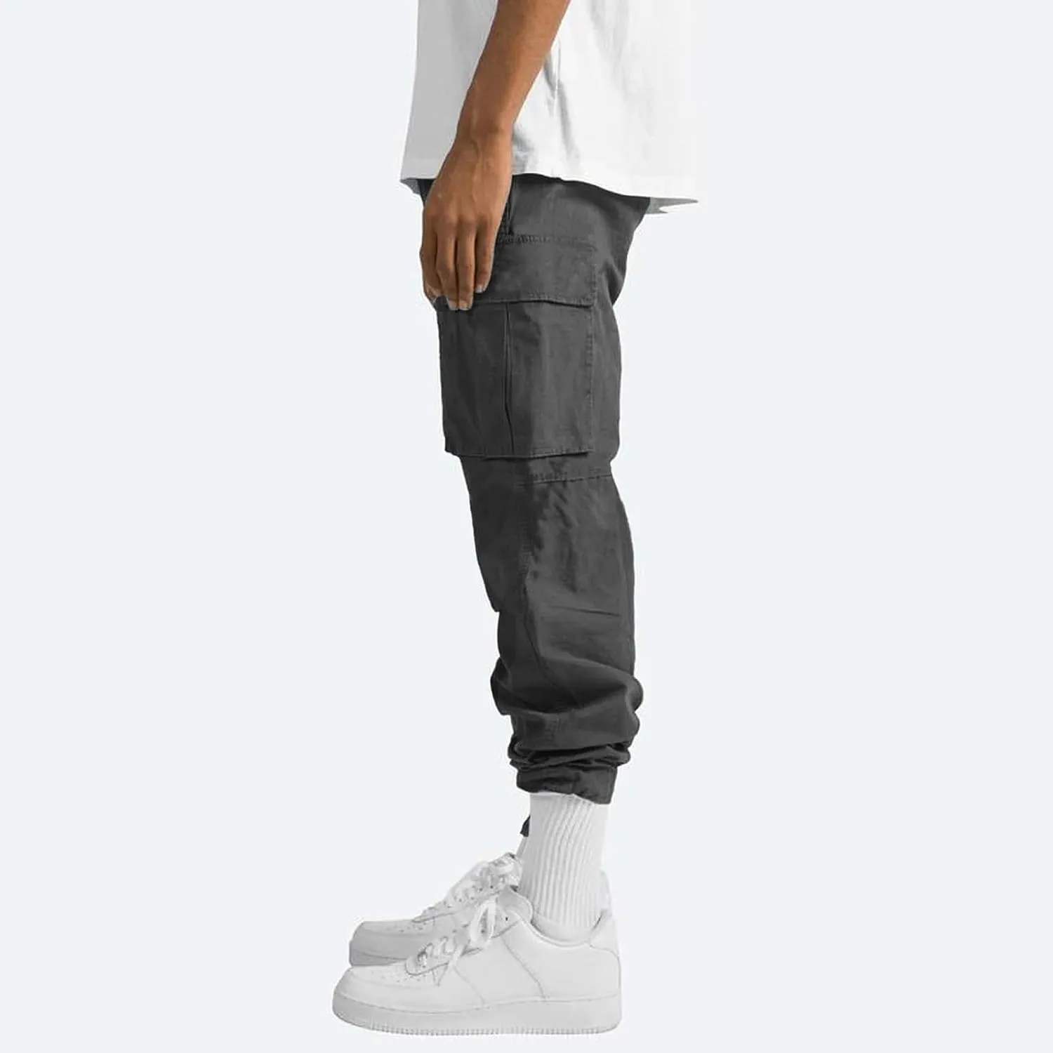 Men Pants Cotton Elastic Waist Drawstring Hiking Cargo Pants for Men Relaxed Fit Outdoor Comfort Trousers with Multi Pockets