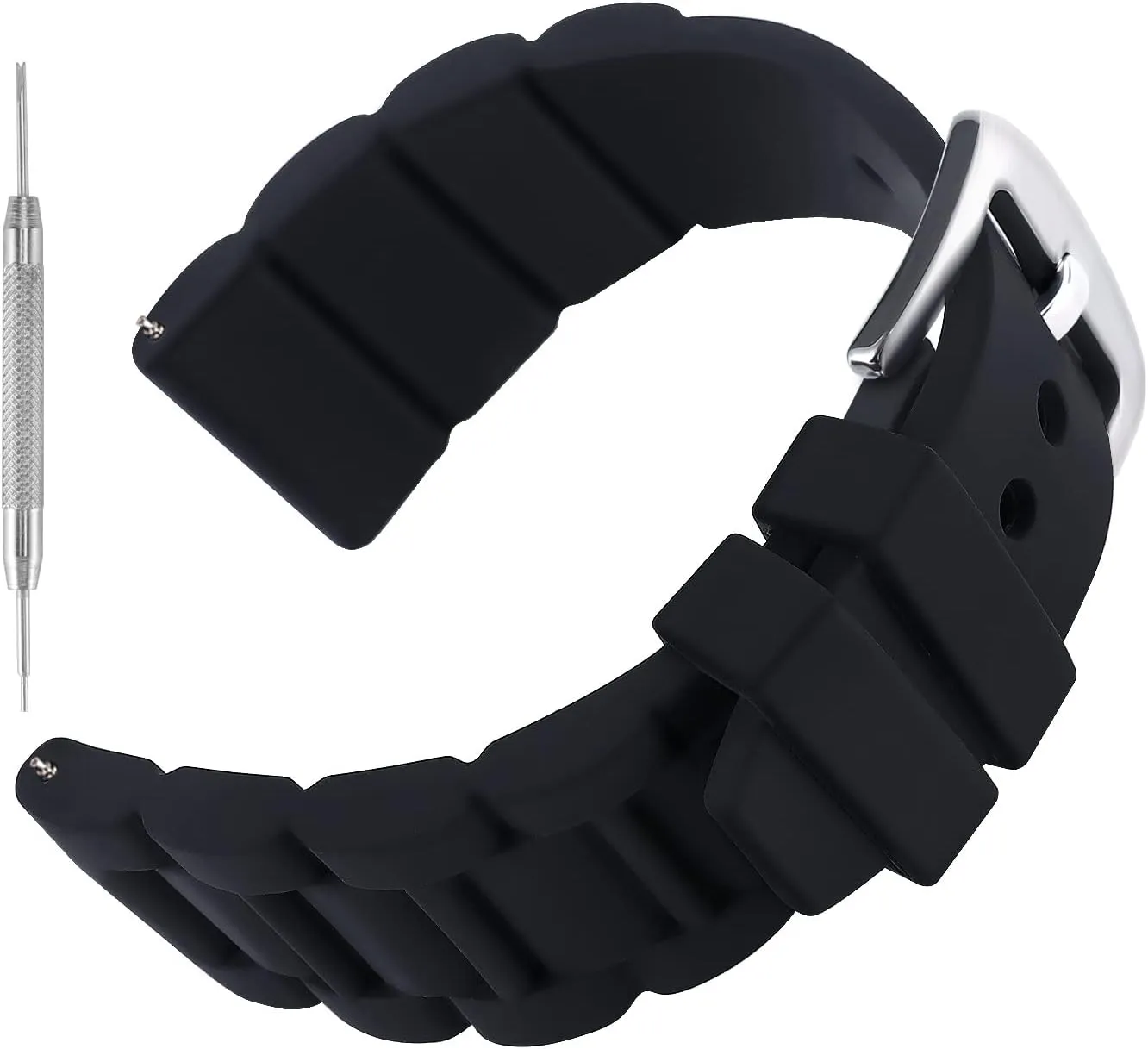 Mens 26mm Black Silicone Rubber Diver Watch Band Waterproof Sport Stainless Steel Black Buckle