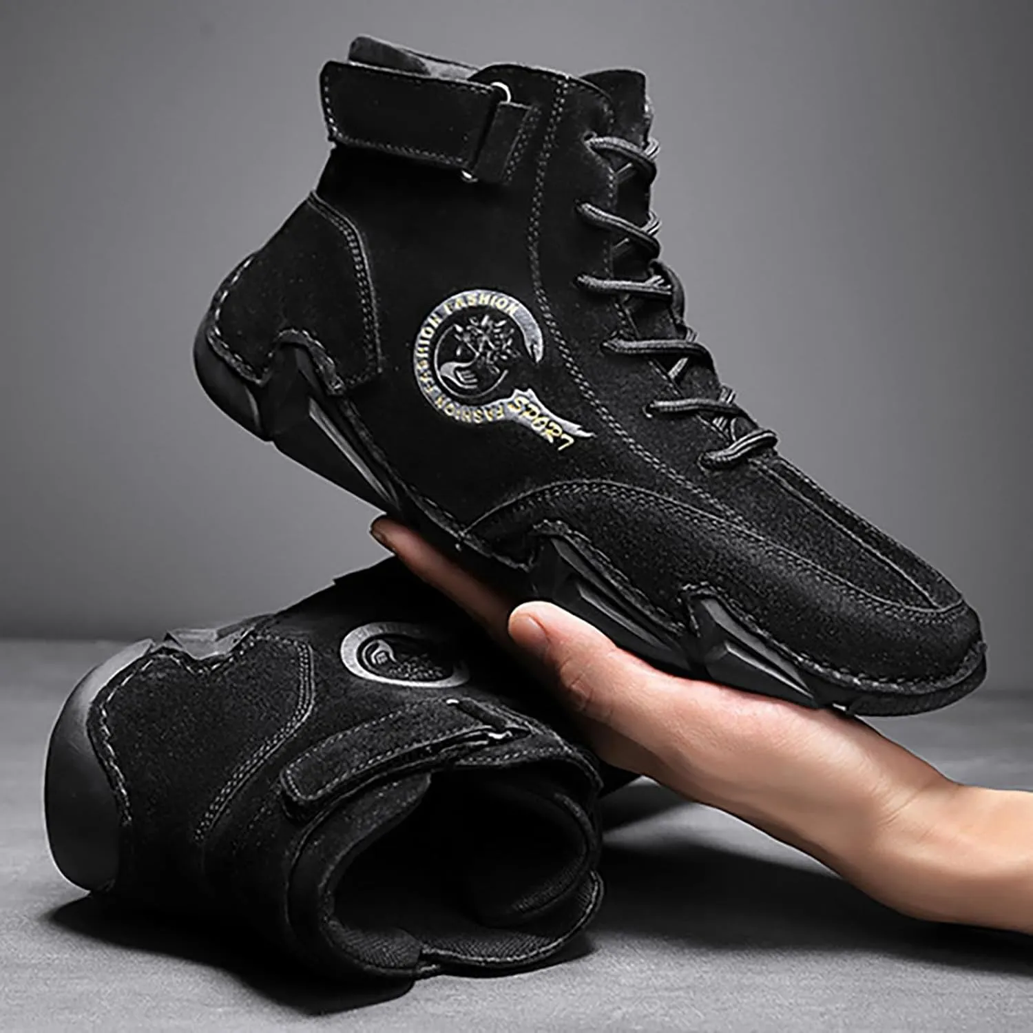 Men's Athletic Running Shoes High Top Hook Loop Short Boots Suede Lace Up Shoes Arch Sneaker Insoles Men Memory Foam