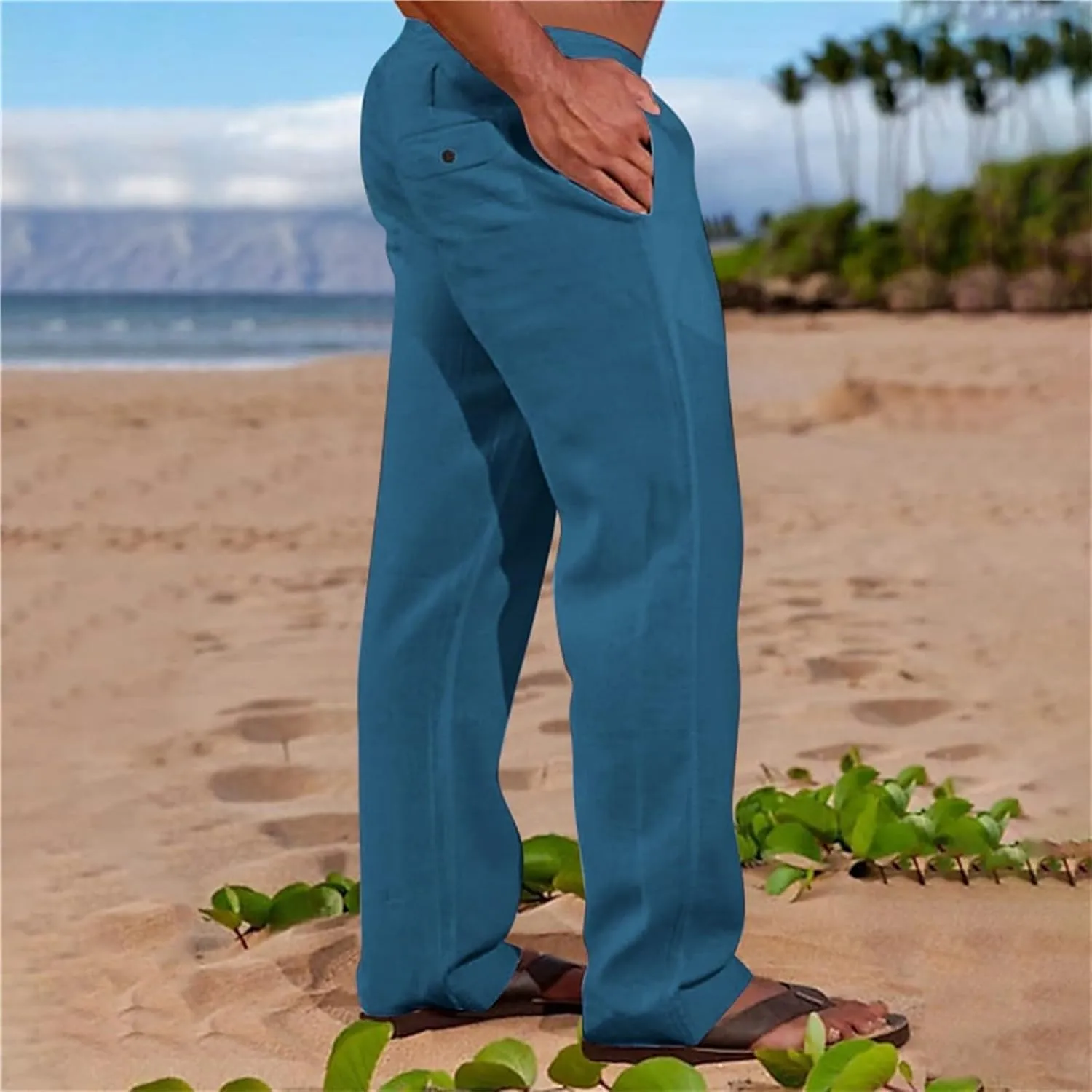 Mens Cotton Linen Slim Fit Pants Lightweight Drawstrings Summer Beach Trousers Breathable Casual Multi Pockets Yoga Pants