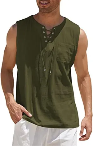 Men's Cotton Linen Tank Tops Casual Summer Linen Beach Shirts Loose Fit Sleeveless Hippie Viking Tunic