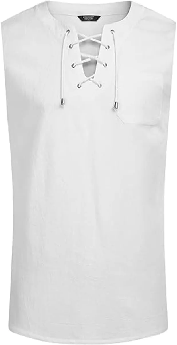 Men's Cotton Linen Tank Tops Casual Summer Linen Beach Shirts Loose Fit Sleeveless Hippie Viking Tunic
