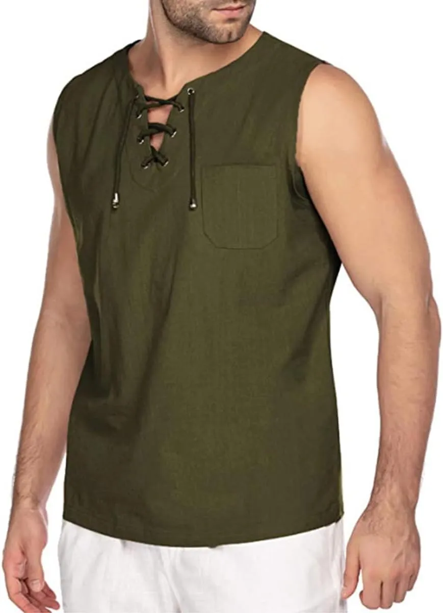Men's Cotton Linen Tank Tops Casual Summer Linen Beach Shirts Loose Fit Sleeveless Hippie Viking Tunic