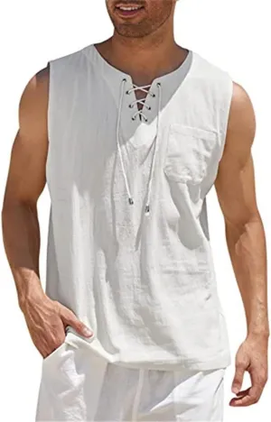Men's Cotton Linen Tank Tops Casual Summer Linen Beach Shirts Loose Fit Sleeveless Hippie Viking Tunic