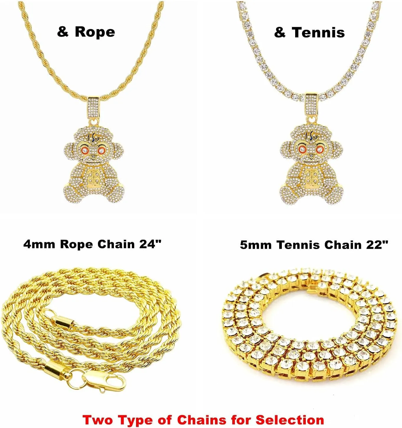 Mens Hip Hop Iced Out Chain Necklaces Silver Gold Monkey | Bear | Lion Pendant Chains Bling Rapper Jewelry