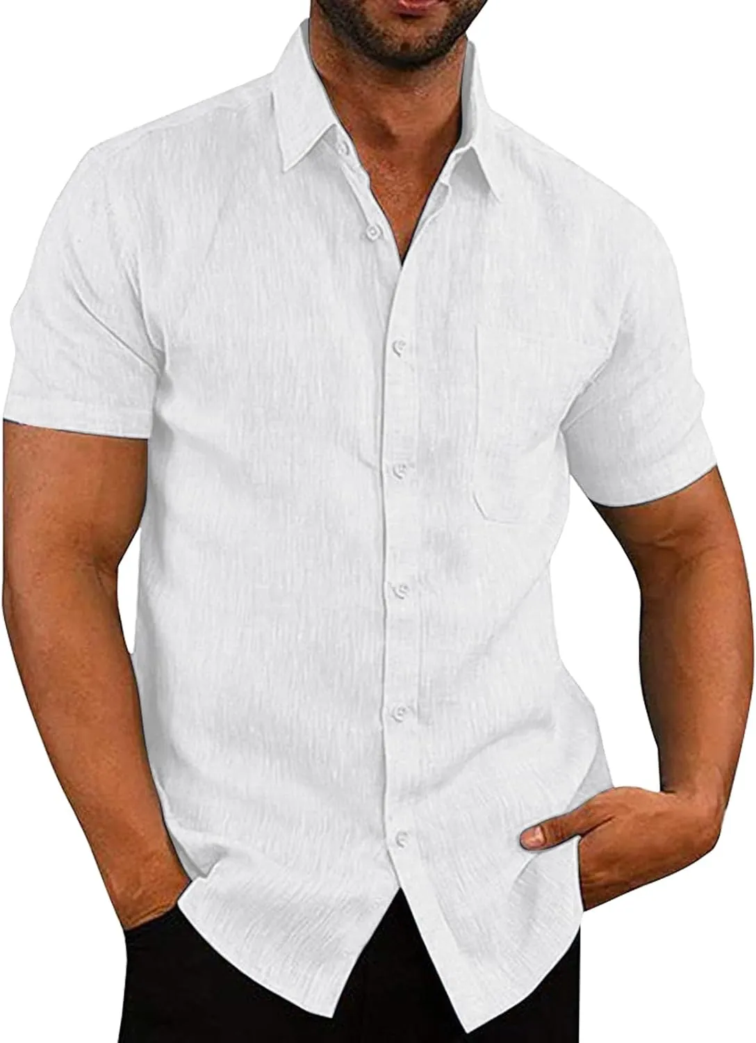 Men's Linen Shirts Button Down Casual Shirts Short Sleeve Beach Summer Tops with Pocket