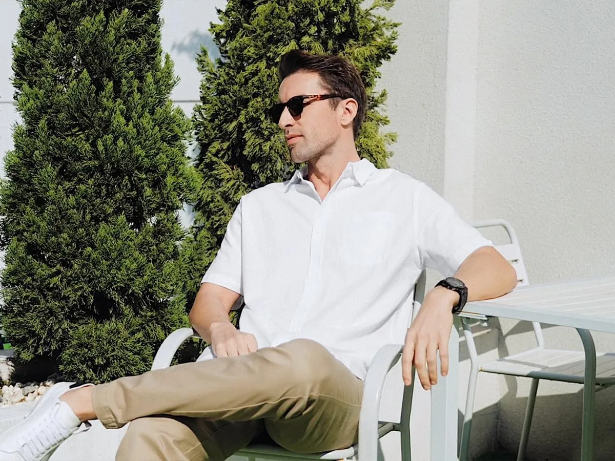 Men's Linen Shirts Button Down Casual Shirts Short Sleeve Beach Summer Tops with Pocket
