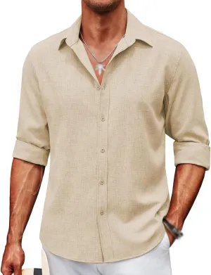 Men's Long Sleeve Button Down Linen Shirt Casual Button Down Shirts Wrinkle Free Wedding Shirts