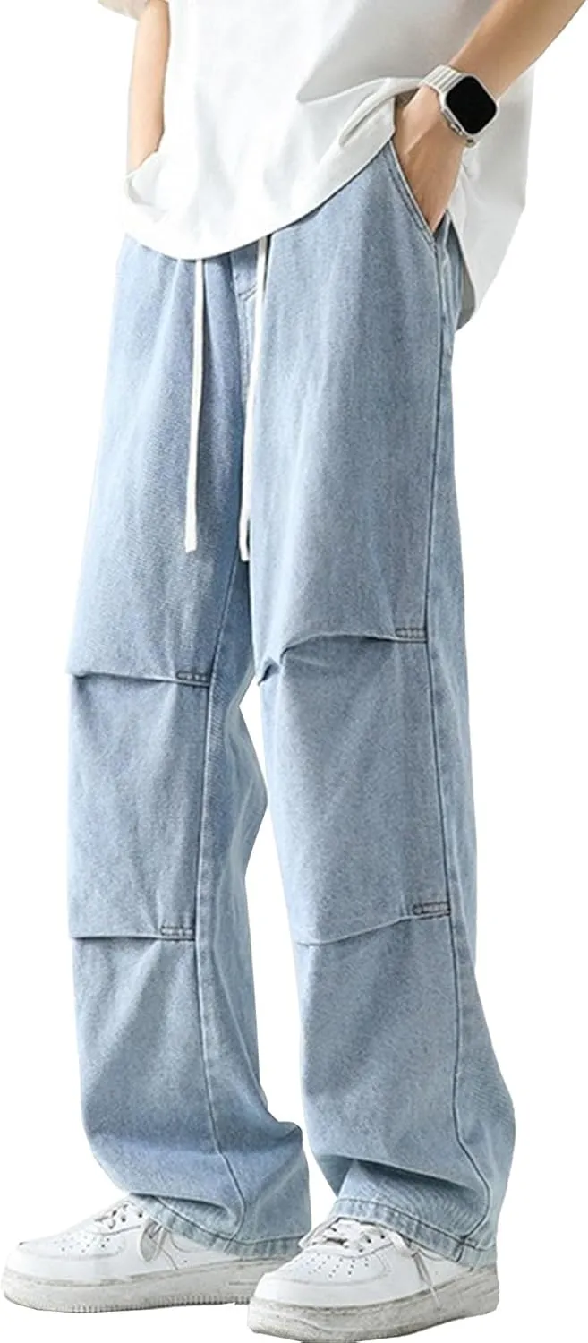 Men's Stretch Jeans Slim Straight Cargo Jeans Straight Comfort Elastic Waist Casual Pants Hip Hop Pants with Pockets