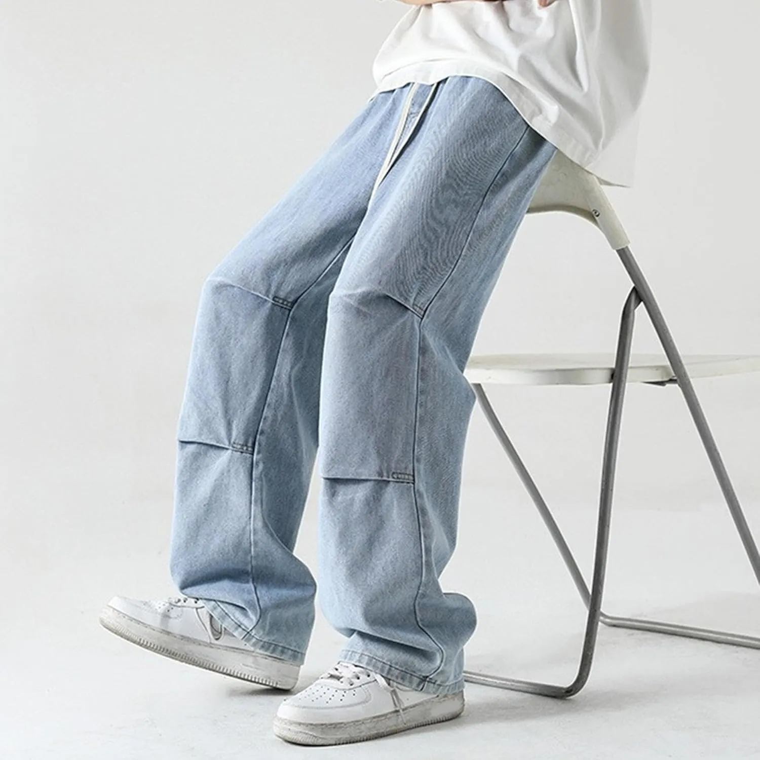 Men's Stretch Jeans Slim Straight Cargo Jeans Straight Comfort Elastic Waist Casual Pants Hip Hop Pants with Pockets