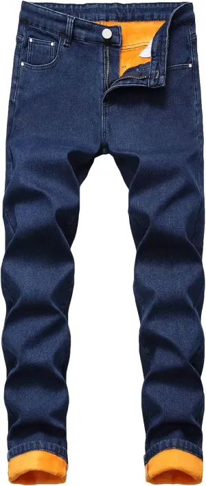 Men's Thermal Fleece Lined Jeans Slim Fit Thicken Stretch Warm Denim Pants Winter Skinny Straight Leg Jean Trousers