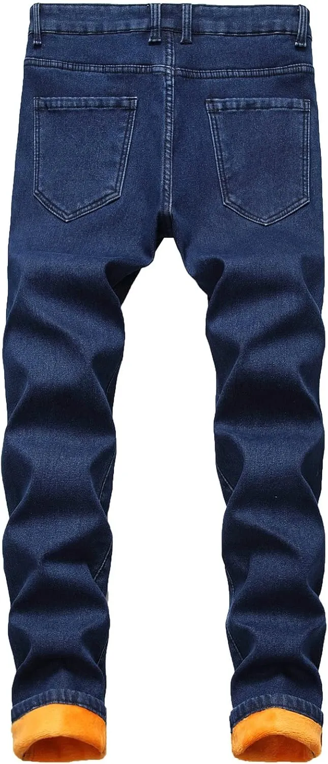 Men's Thermal Fleece Lined Jeans Slim Fit Thicken Stretch Warm Denim Pants Winter Skinny Straight Leg Jean Trousers