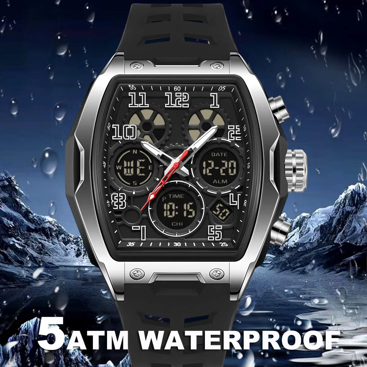 Men's Watch Relojes para Hombres Digital Analog Watches Tonneau Unique Sport Military Tactical Wrist Watch Waterproof Wristwatches with Stopwatch Alarm Countdown Luminous Calendar Curved Screen