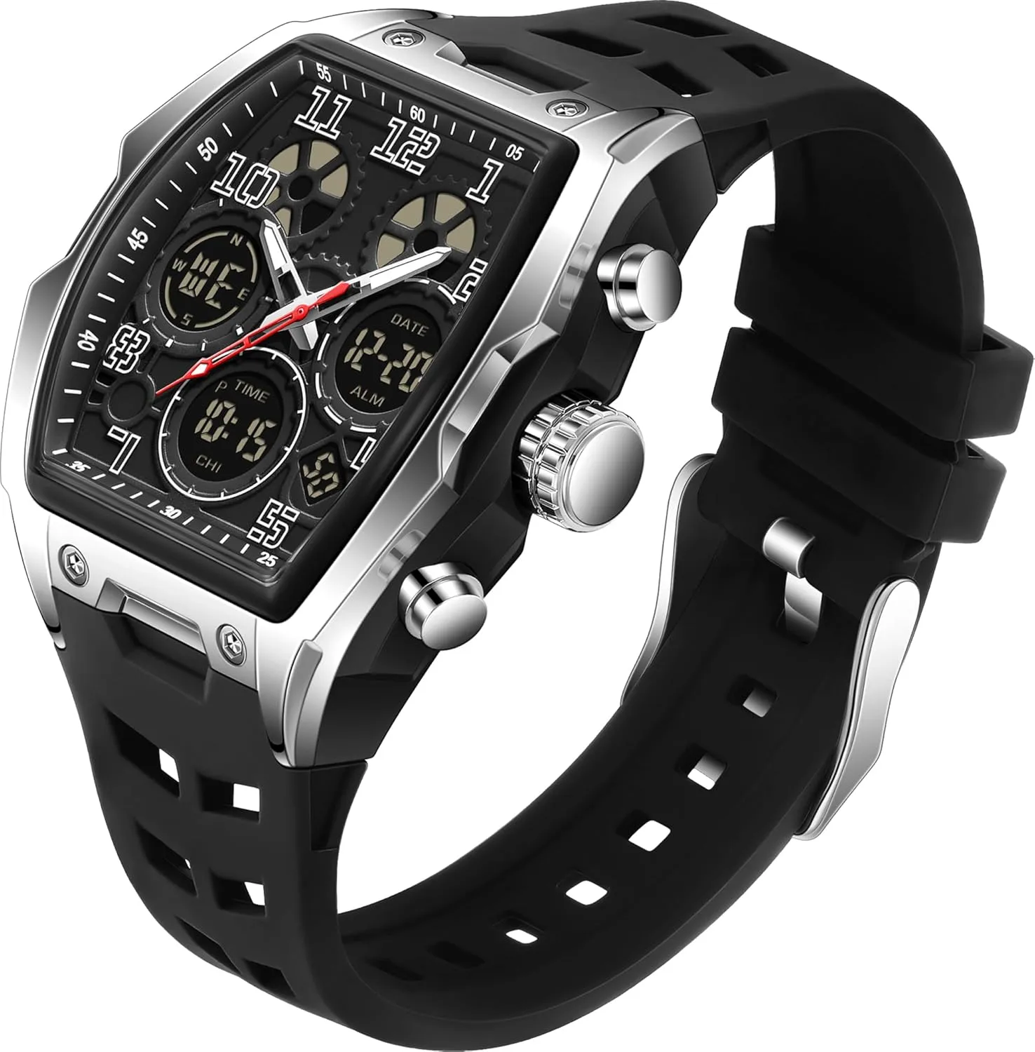 Men's Watch Relojes para Hombres Digital Analog Watches Tonneau Unique Sport Military Tactical Wrist Watch Waterproof Wristwatches with Stopwatch Alarm Countdown Luminous Calendar Curved Screen