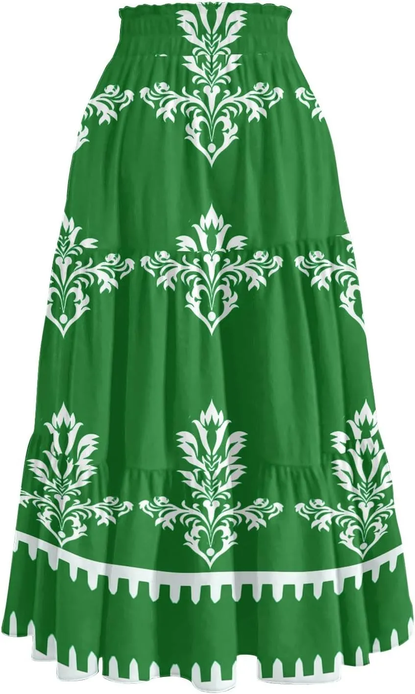 Midi Skirts for Women Boho Beach Flowy Floral Skirt Tiered Elastic High Waisted Skirts A Line Skirt with Pockets