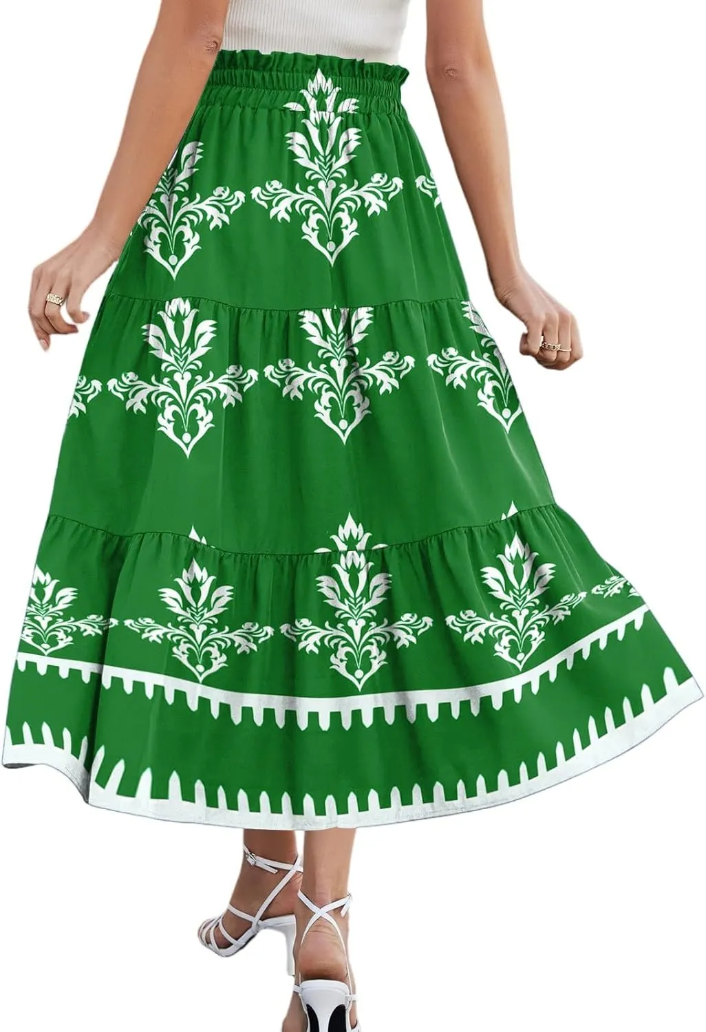 Midi Skirts for Women Boho Beach Flowy Floral Skirt Tiered Elastic High Waisted Skirts A Line Skirt with Pockets