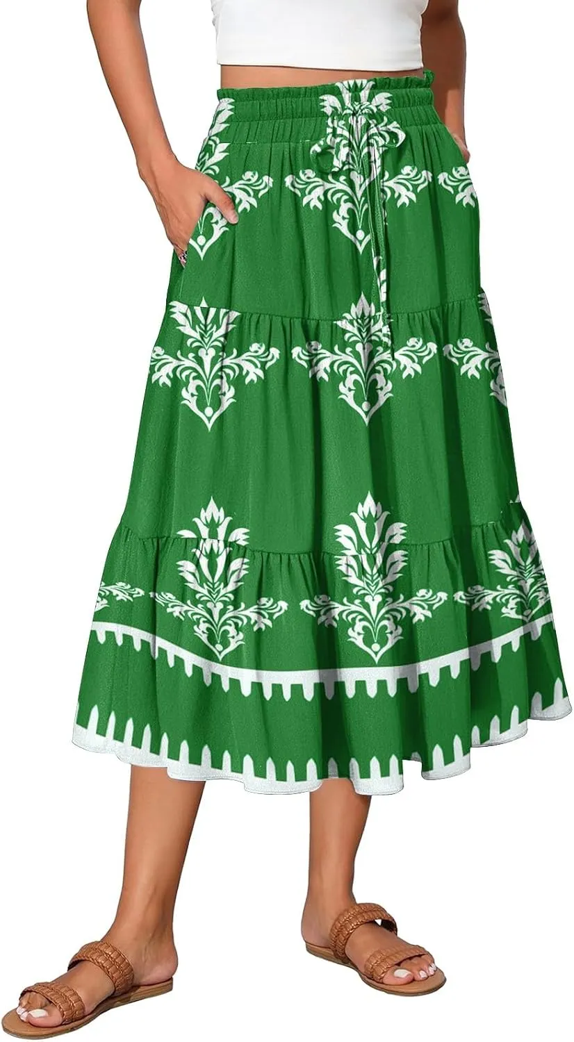 Midi Skirts for Women Boho Beach Flowy Floral Skirt Tiered Elastic High Waisted Skirts A Line Skirt with Pockets