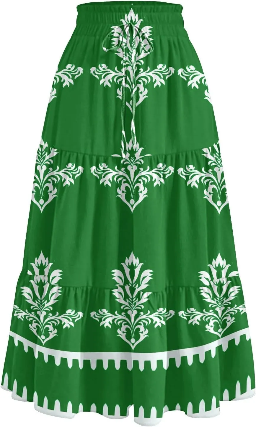 Midi Skirts for Women Boho Beach Flowy Floral Skirt Tiered Elastic High Waisted Skirts A Line Skirt with Pockets
