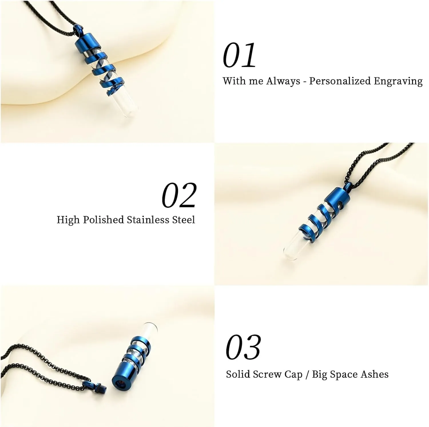Minicremation Clear Glass Tube Cremation Urn Necklace for Ashes Stainless Steel Glass Hourglass Vial Cylinder Bottle Necklace for Women/Men Keepsake Memorial Pendant Including Box/Fill Kits