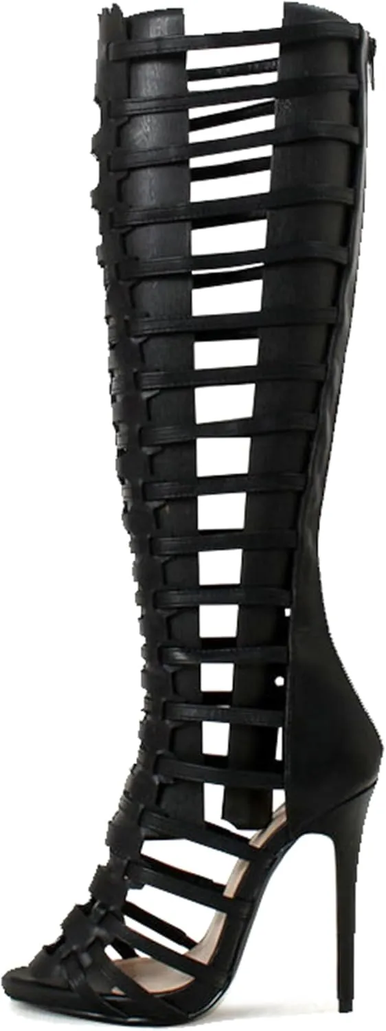 Minishion Gladiator Sandals for Women Tall Heels Stiletto Knee High Summer Boots Shoes