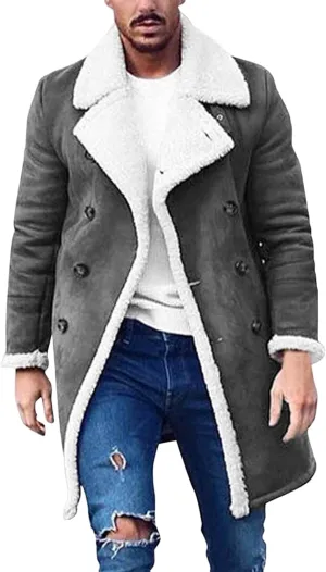 Mmoneyake Men's Shearling Leather Coat Faux Suede Sherpa Lined Sheepskin Jacket Fur Collar Long Trench Coats Soft Overcoat
