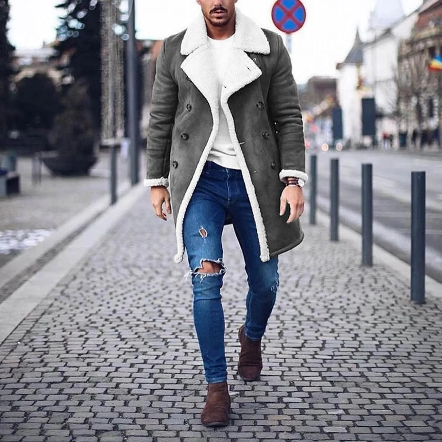 Mmoneyake Men's Shearling Leather Coat Faux Suede Sherpa Lined Sheepskin Jacket Fur Collar Long Trench Coats Soft Overcoat