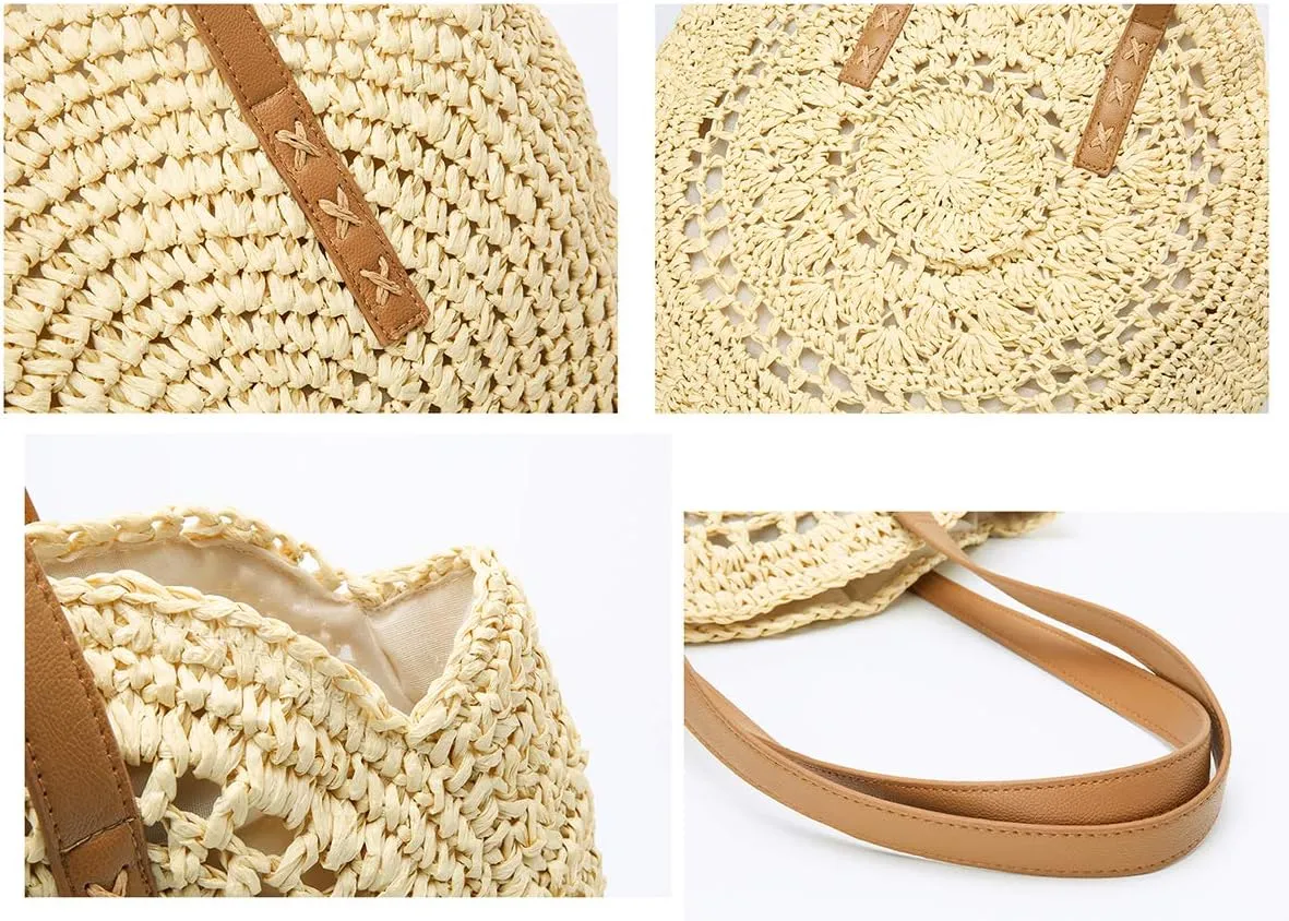 Molodo Straw Bag Round Summer Straw Large Woven Beach Bag Purse For Women Vocation Tote Handbags With Pom Poms