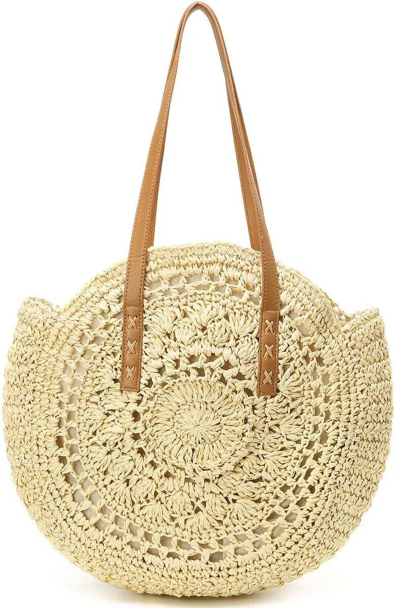 Molodo Straw Bag Round Summer Straw Large Woven Beach Bag Purse For Women Vocation Tote Handbags With Pom Poms