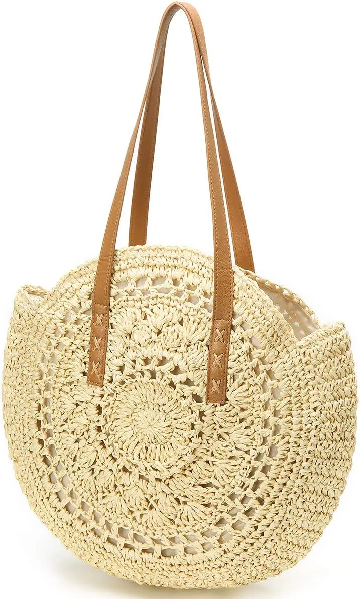 Molodo Straw Bag Round Summer Straw Large Woven Beach Bag Purse For Women Vocation Tote Handbags With Pom Poms