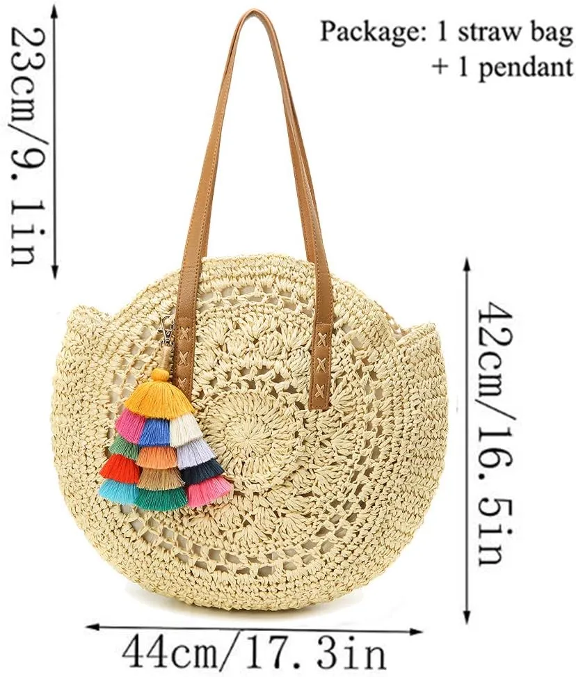 Molodo Straw Bag Round Summer Straw Large Woven Beach Bag Purse For Women Vocation Tote Handbags With Pom Poms