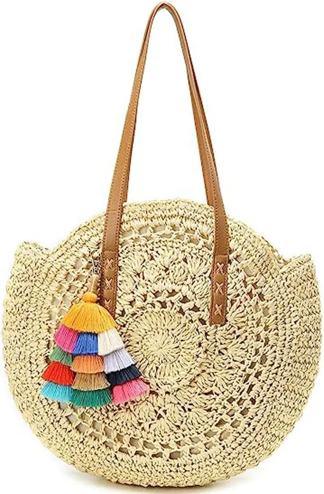 Molodo Straw Bag Round Summer Straw Large Woven Beach Bag Purse For Women Vocation Tote Handbags With Pom Poms