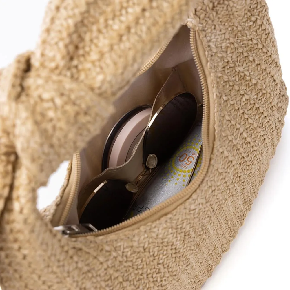 Molodo Straw Purses for Women Bow-Knot Straw Woven Clutch Bag Vacation Style Crescent Handbag Hobo Purse for Beach Travel