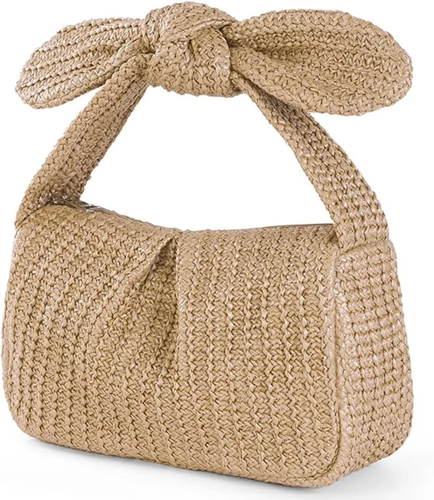 Molodo Straw Purses for Women Bow-Knot Straw Woven Clutch Bag Vacation Style Crescent Handbag Hobo Purse for Beach Travel